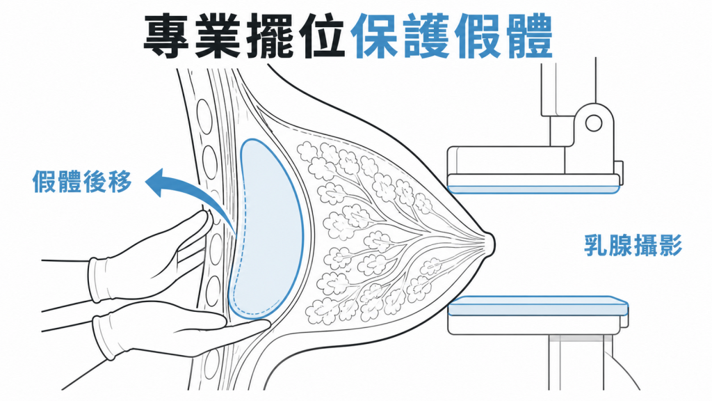 隆乳後乳房攝影專業擺位示意圖