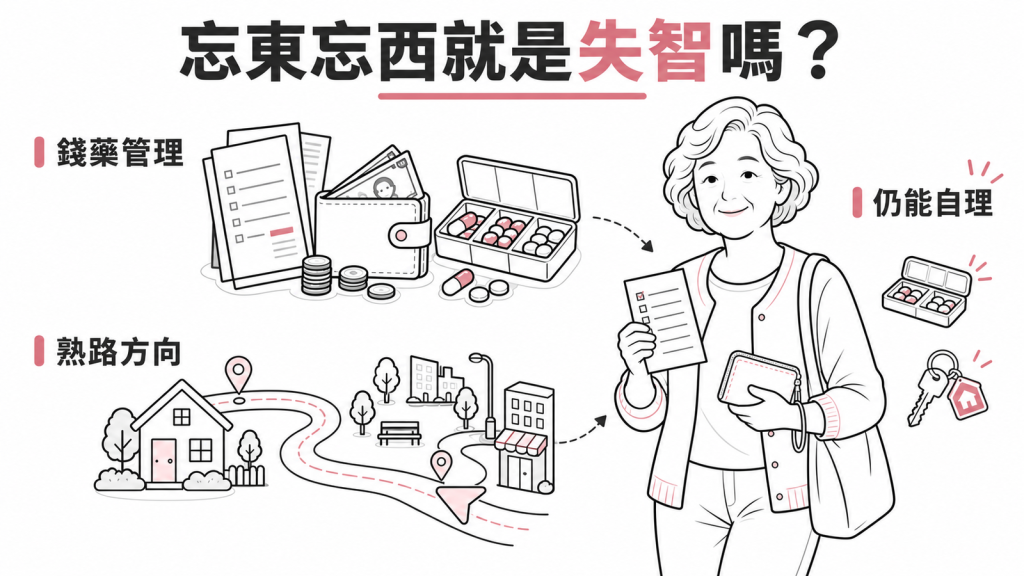 記性變差的分界示意圖:錢藥管理、熟路方向仍能自理,屬於輕度認知障礙而非失智症