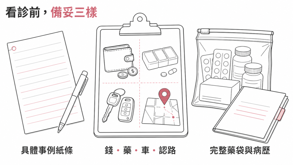 陪爸媽看診前備妥三樣:具體事例紙條、錢藥車認路的日常活動盤點、完整藥袋與病歷