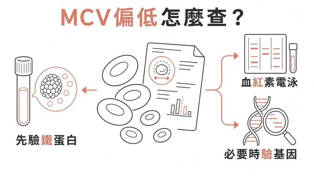 MCV 偏低的檢查流程示意圖:先驗鐵蛋白排除缺鐵,再做血紅素電泳,必要時做基因檢測