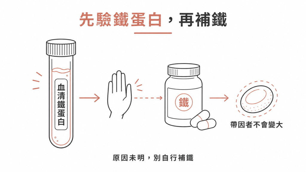 先驗血清鐵蛋白再決定是否補鐵,帶因者補鐵不會讓紅血球變大的示意圖