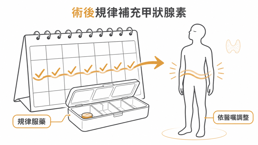 MEN2甲狀腺切除後規律補充甲狀腺素示意圖