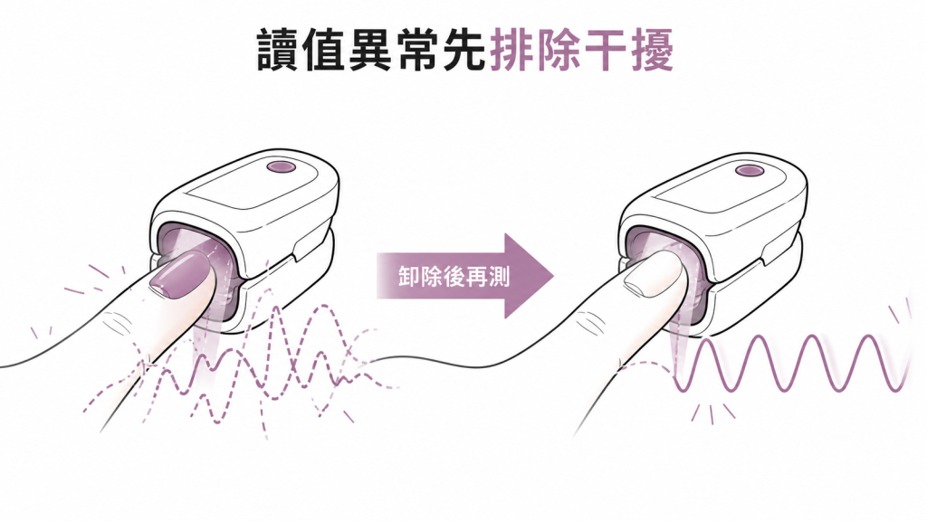血氧讀值異常先排除指甲油干擾示意圖