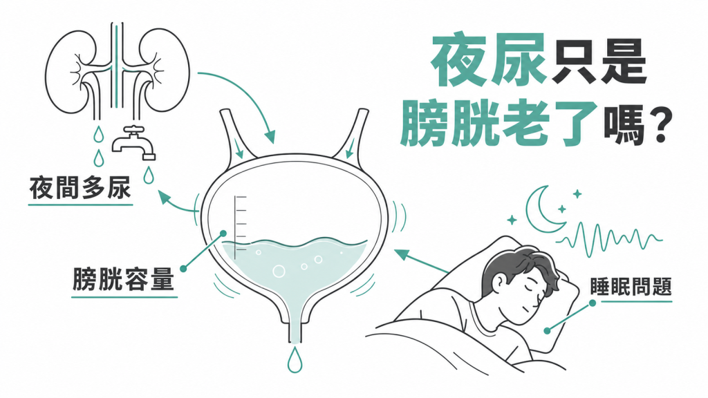 夜尿成因示意圖:夜間多尿、膀胱容量下降與睡眠問題三條路徑