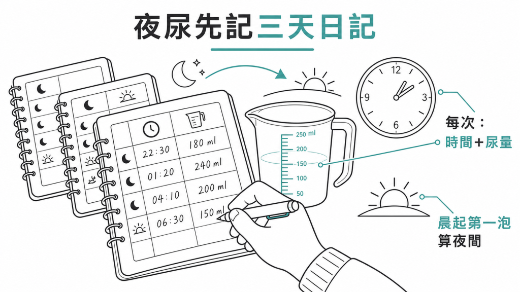 三天排尿日記記錄方式:每次排尿的時間與尿量,晨起第一泡算夜間尿量