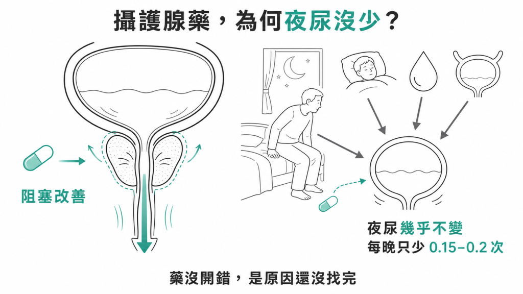 攝護腺藥物改善出口阻塞,但夜尿每晚只少 0.15 到 0.2 次的示意圖