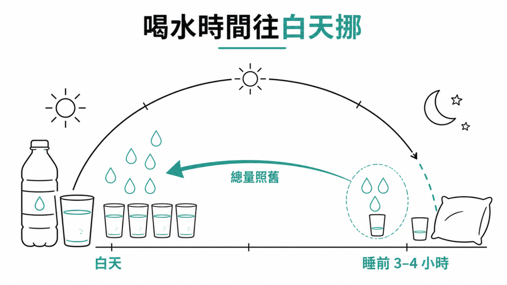 喝水時間往白天挪、總量照舊、睡前三到四小時停掉大量飲水的示意圖