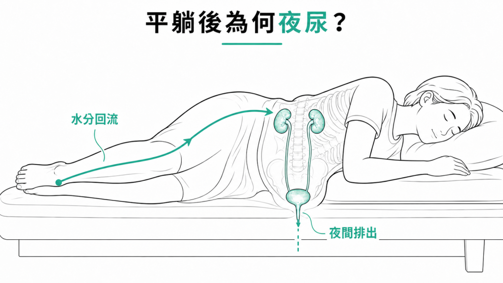 下肢水腫的水分在平躺後回流進血管,經腎臟過濾、儲存於骨盆腔的膀胱,夜間排出造成夜尿