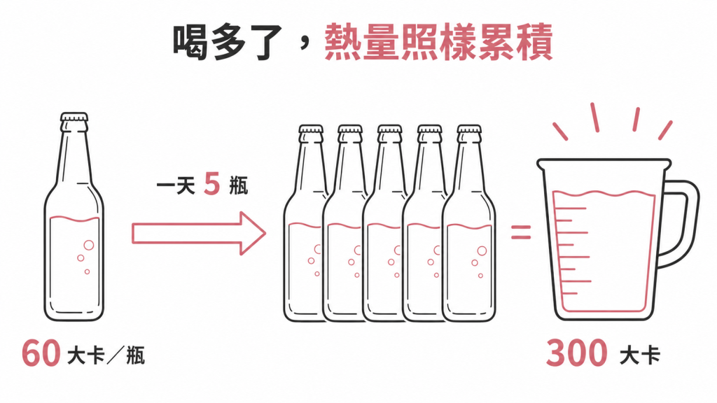 一瓶 60 大卡看似很少,一天五瓶就累積成 300 大卡