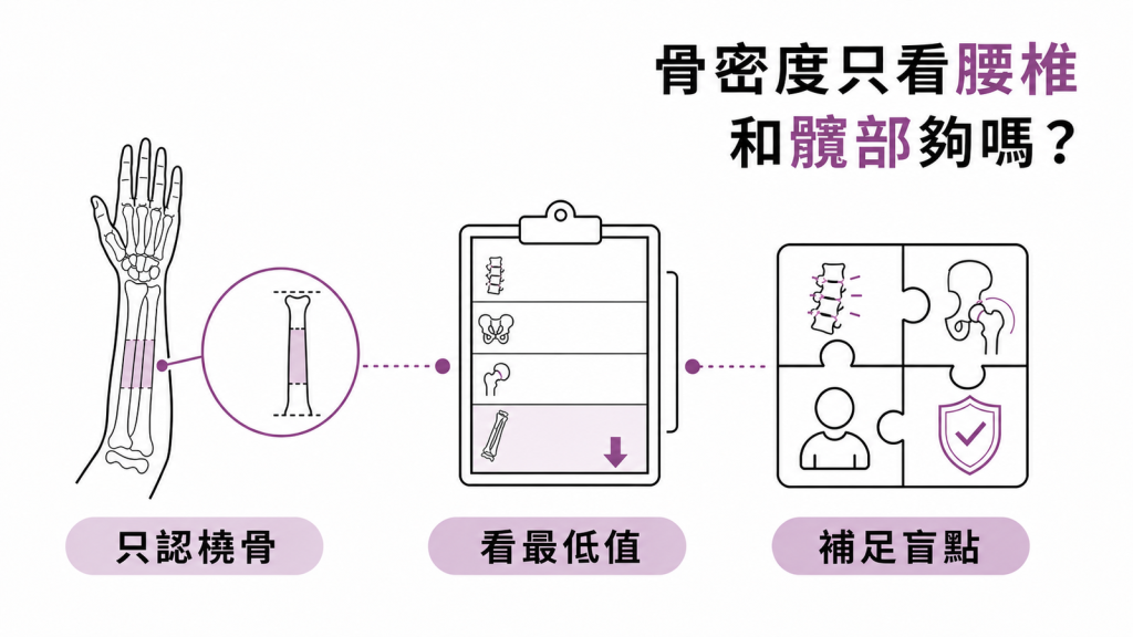 橈骨骨密度判讀：只認合格橈骨、看最低值並補足腰椎與髖部盲點