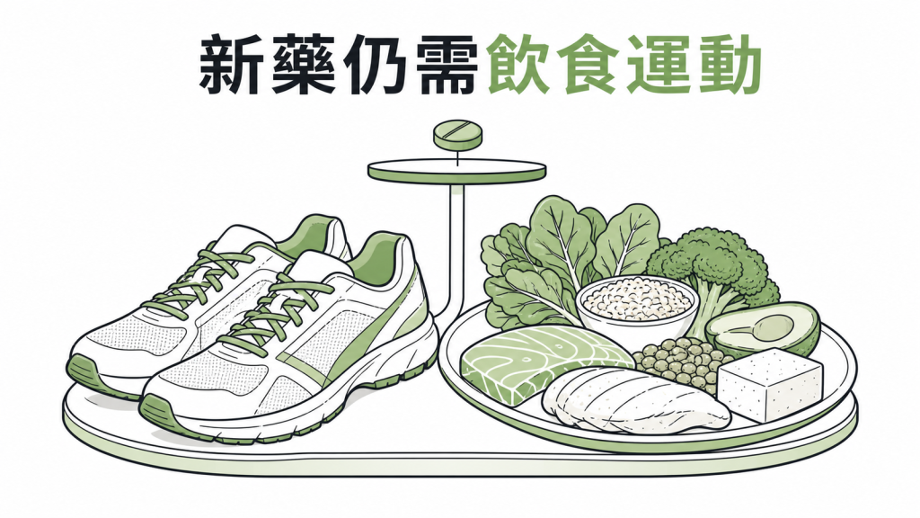 口服減重藥仍需搭配飲食與運動示意圖