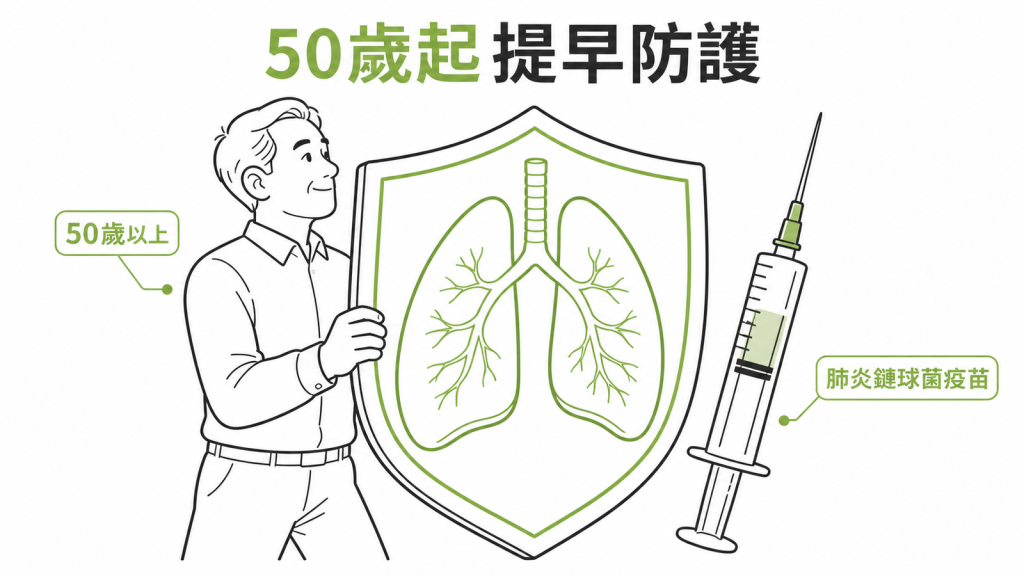 50歲起接種肺炎鏈球菌疫苗提早防護示意圖