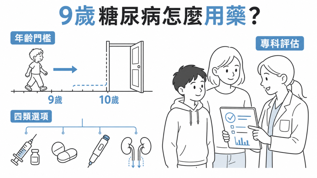 兒童第二型糖尿病用藥資訊圖:9 歲與 10 歲的年齡門檻,以及 insulin、metformin、GLP-1 受體促效劑、SGLT2 抑制劑四類選項
