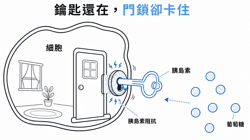胰島素阻抗示意圖:胰島素這把鑰匙還在,但細胞的門鎖卡住,葡萄糖進不去