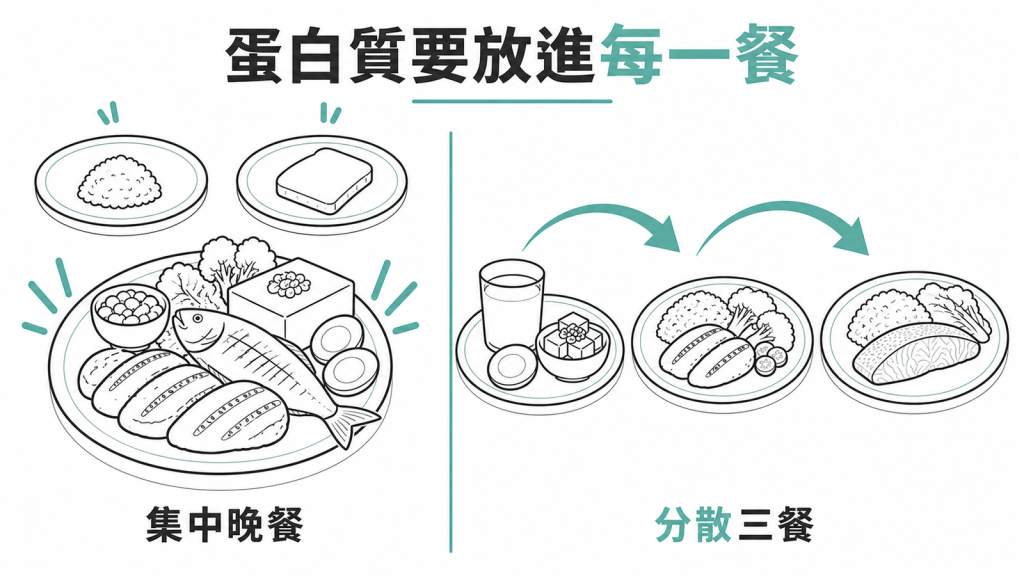 蛋白質分散到三餐比集中在晚餐更能維持肌肉的對照示意圖