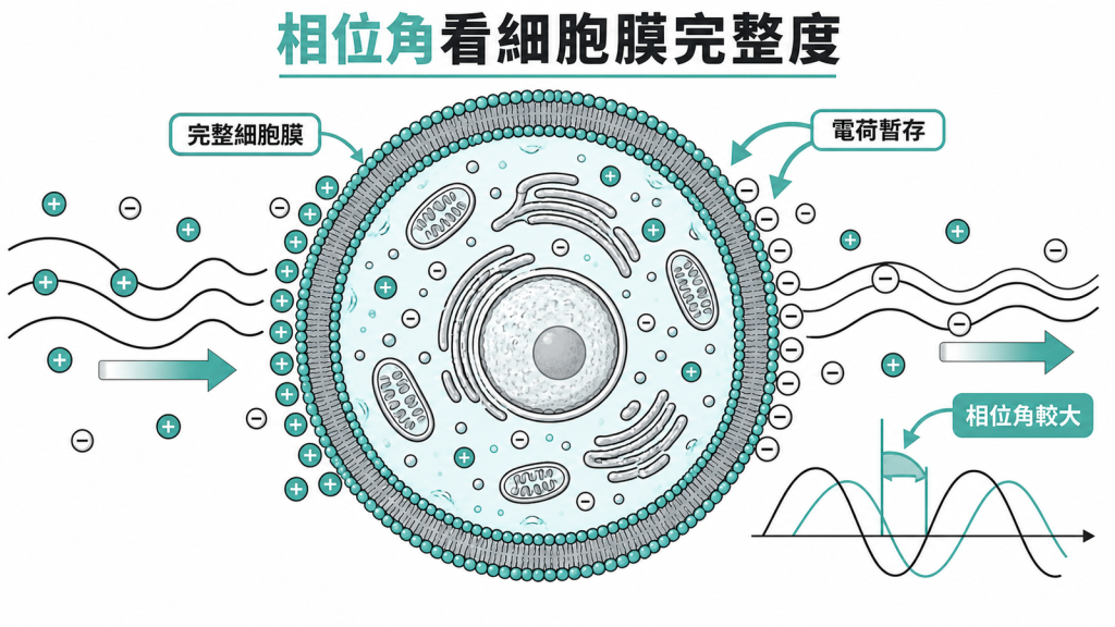 細胞膜完整時電荷暫存效果明顯、相位角較大的示意圖