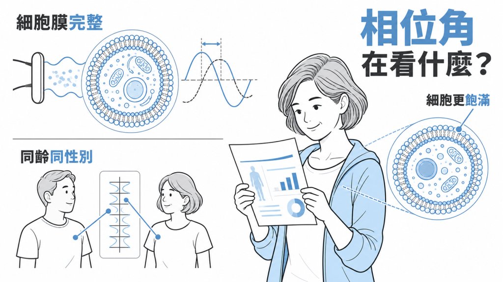 相位角資訊圖：細胞膜完整度、同齡同性別參考值與體組成報告判讀