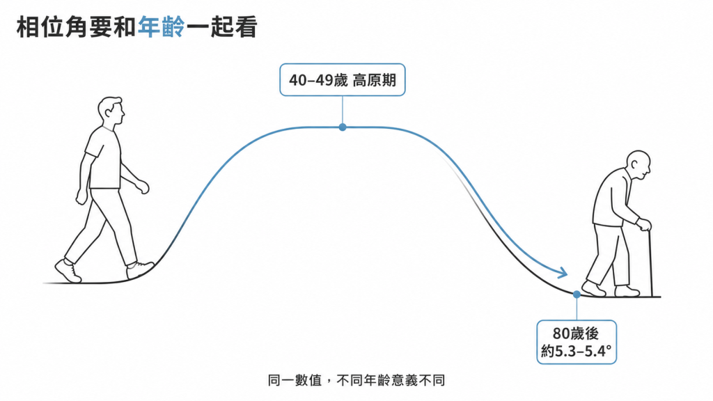 相位角的年齡曲線：40 到 49 歲維持高原期，80 歲後平均約 5.3 到 5.4 度