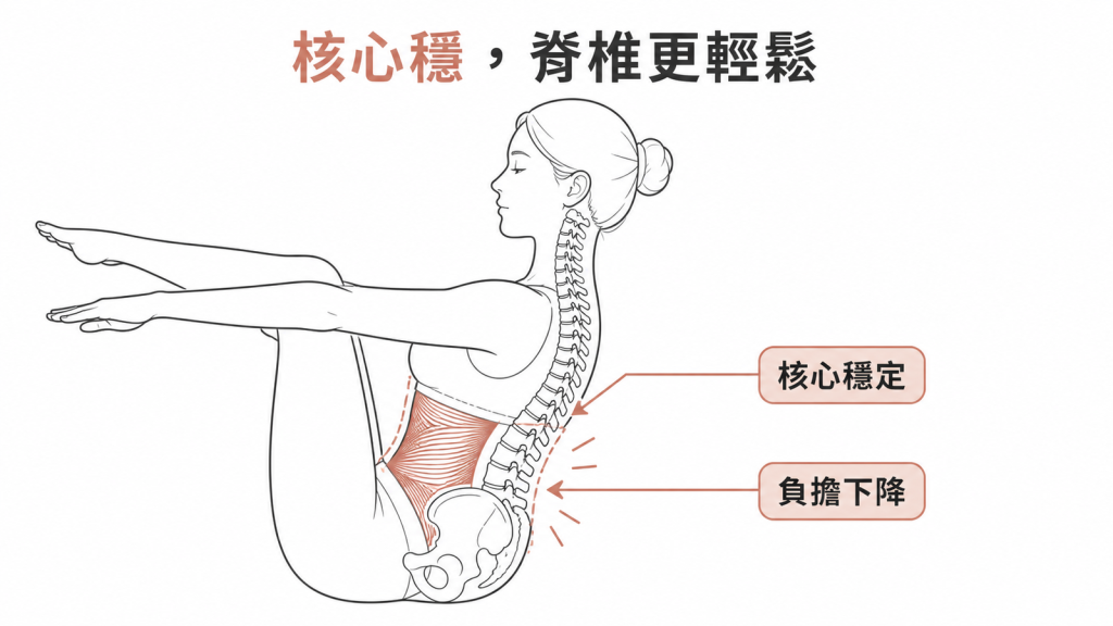 核心穩定示意:皮拉提斯強化核心肌群後,脊椎承受的負擔隨之下降