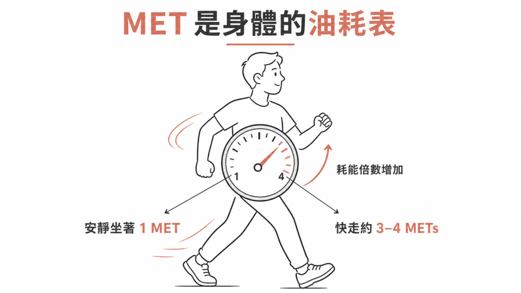 MET 油耗表比喻:安靜坐著為 1 MET,快走約 3 到 4 METs