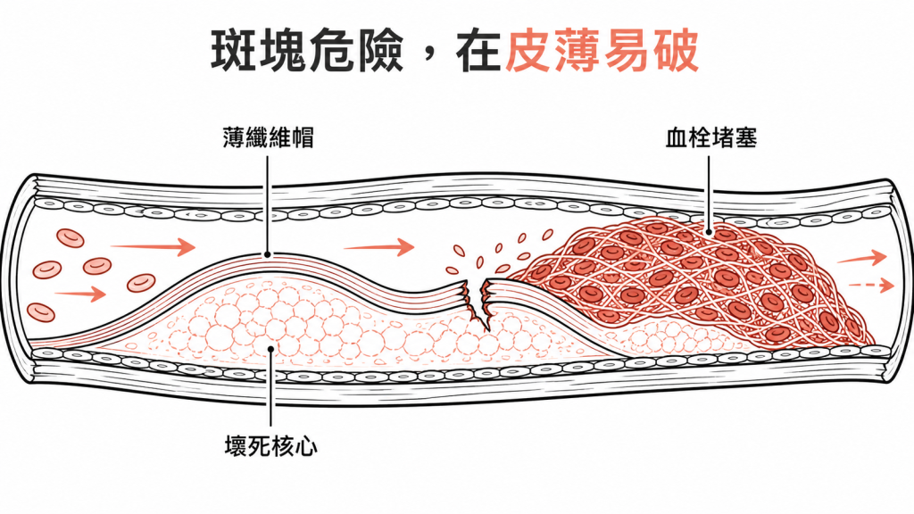 薄纖維帽破裂後形成血栓堵住血管的過程