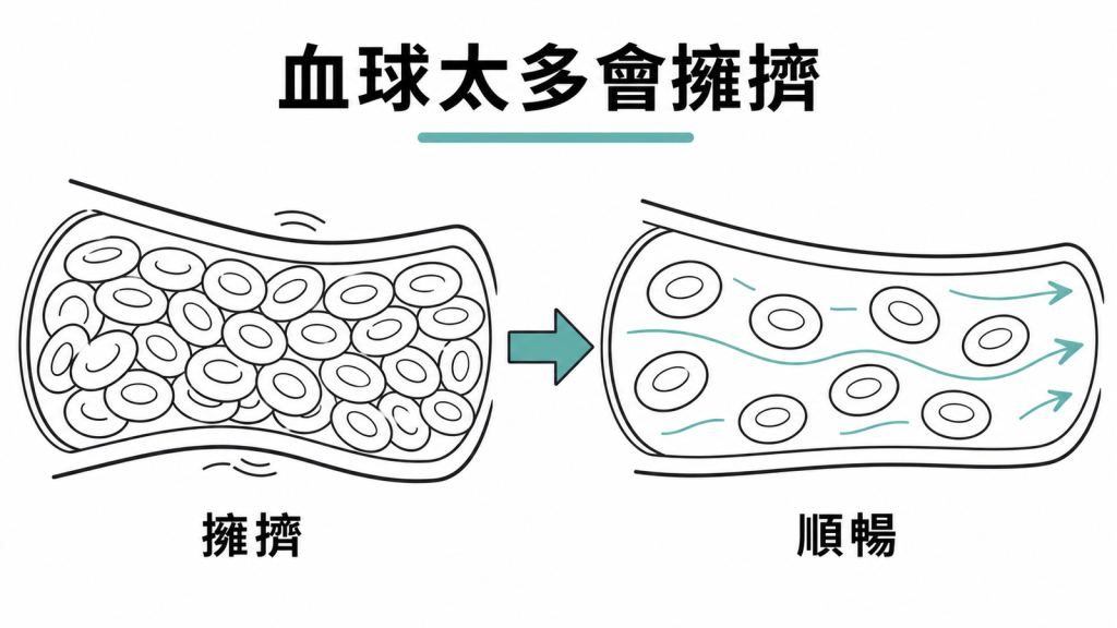 真性紅血球增多症讓血球在血管中過度擁擠的示意圖