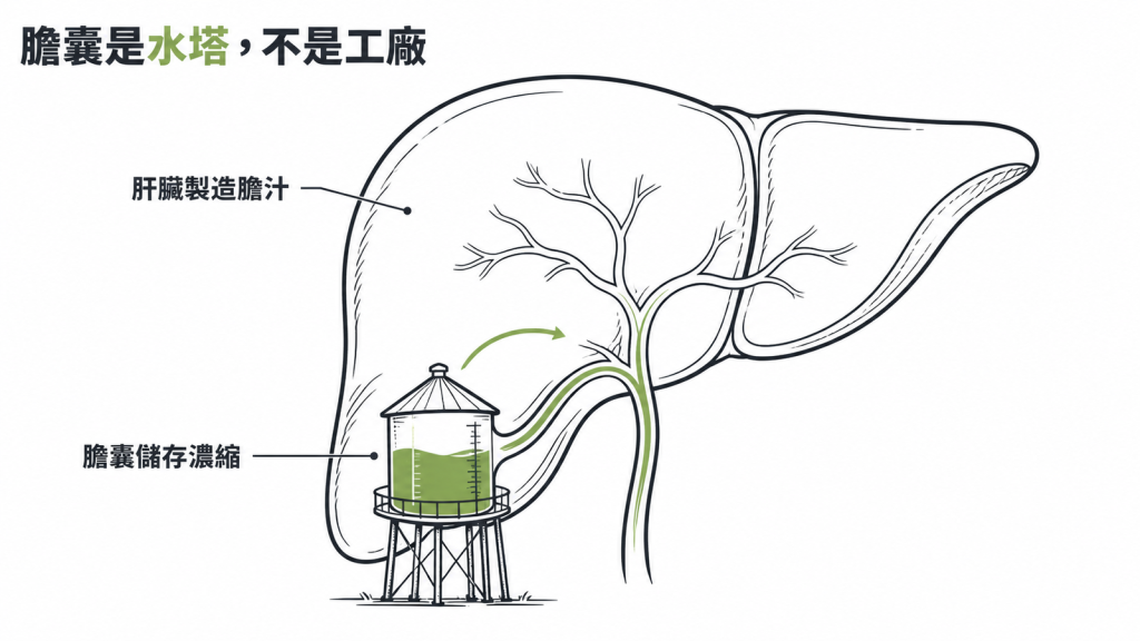 膽囊像水塔負責儲存濃縮膽汁、肝臟才是製造膽汁的工廠示意圖