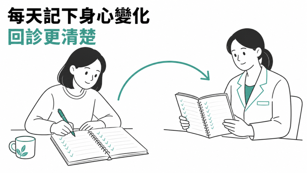 每天記錄身心變化並在回診時提供醫師評估示意圖