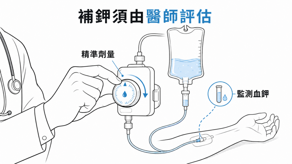 補鉀須由醫師評估與監測示意圖