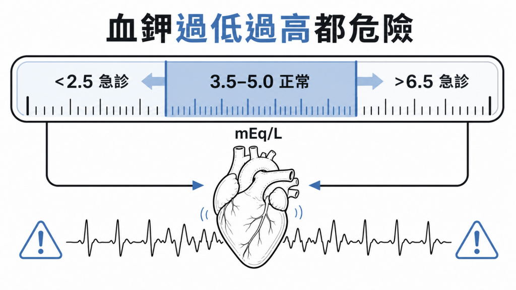 血鉀正常與急診分級示意圖