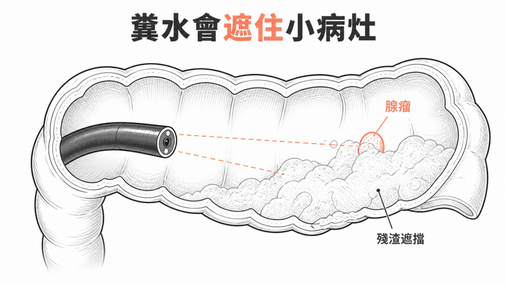 大腸內殘渣遮住腺瘤,使大腸鏡難以看清小病灶