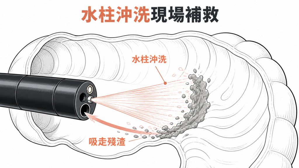 內視鏡水柱沖洗並吸走腸內殘渣的現場補救方式