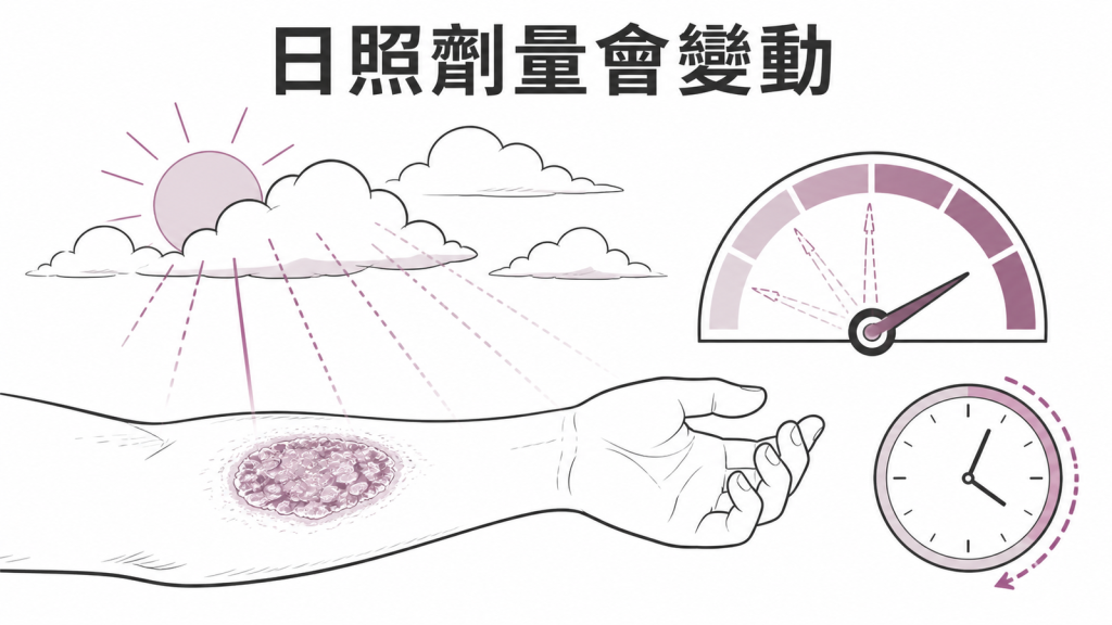 自然日照的紫外線劑量會隨天氣與時間變動
