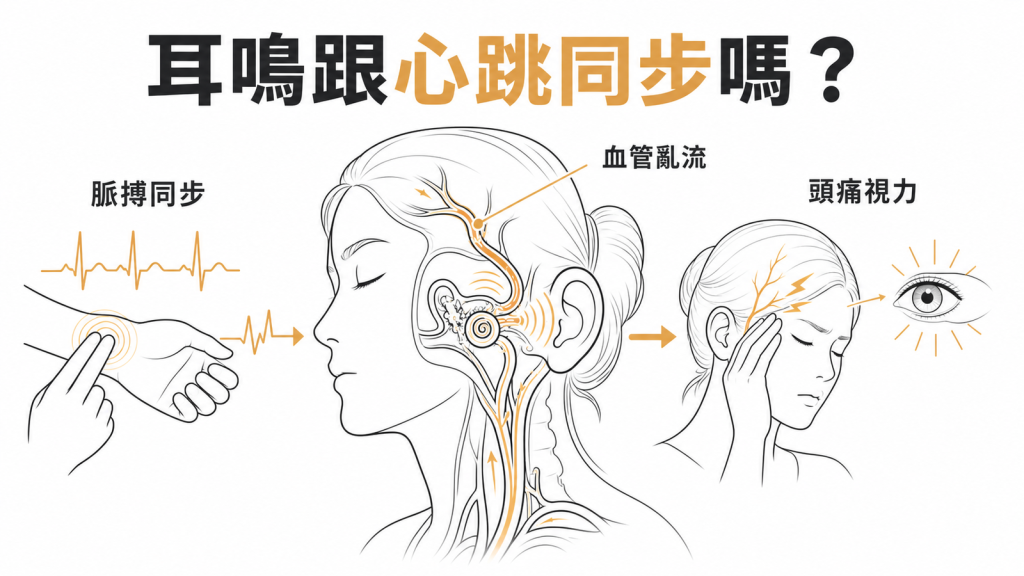 搏動性耳鳴示意圖:耳鳴與脈搏同步、頭部血管亂流,並可能伴隨頭痛與視力症狀