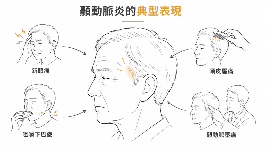顳動脈炎的四個典型表現:新出現的頭痛、頭皮壓痛、咀嚼時下巴痠、顳動脈壓痛