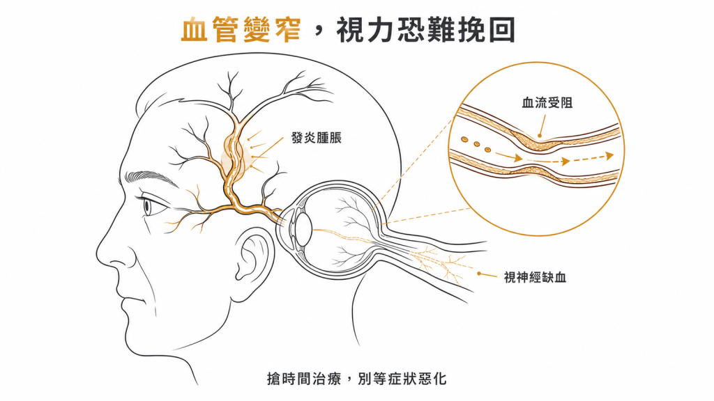 發炎讓血管變窄、血流受阻,供應眼睛的動脈缺血,視力可能不可逆地喪失