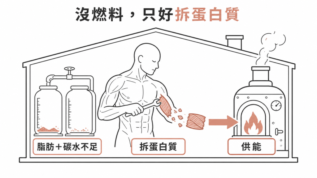 脂肪與碳水不足時,身體只好拆自己的蛋白質當燃料供能