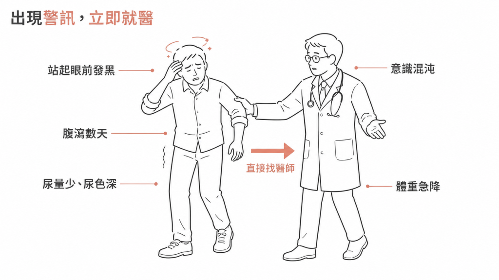 腹瀉數天、站起眼前發黑、體重急降等警訊出現時應立刻就醫
