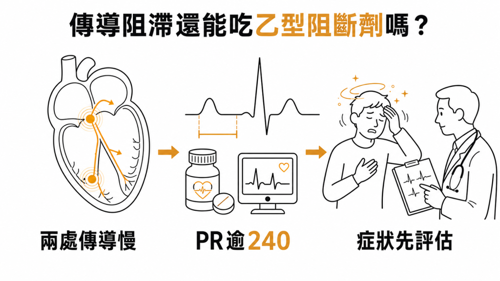 右束支傳導阻滯與第一度房室阻滯的心臟傳導示意圖,說明乙型阻斷劑使用前的三個判斷重點