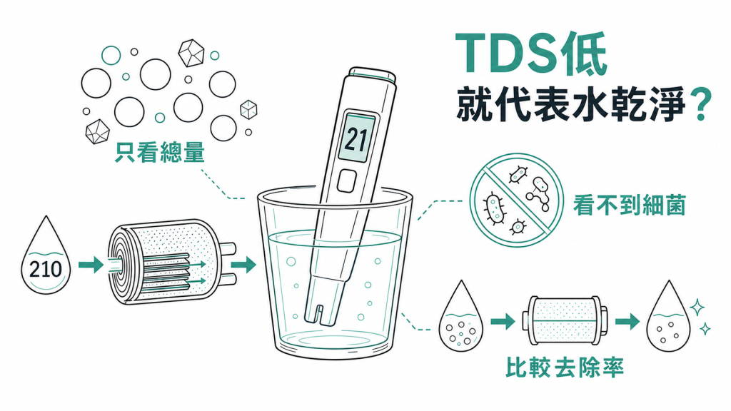 RO 逆滲透水 TDS 檢測資訊圖：TDS 只反映溶解總量、量不到細菌，判斷淨水器要看去除率