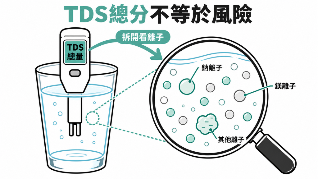 TDS 總分不等於風險，要拆開看鈉、鎂等離子組成才知道意義的放大鏡示意圖