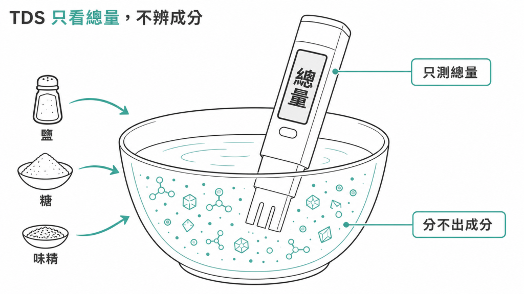 TDS 只量水中溶解物的總量，分不出是鹽、糖還是礦物質的示意圖