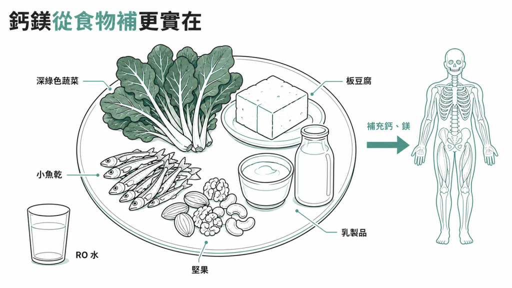 鈣鎂從深綠色蔬菜、板豆腐、小魚乾、堅果、乳製品補充，比從 RO 水裡補更實在的示意圖