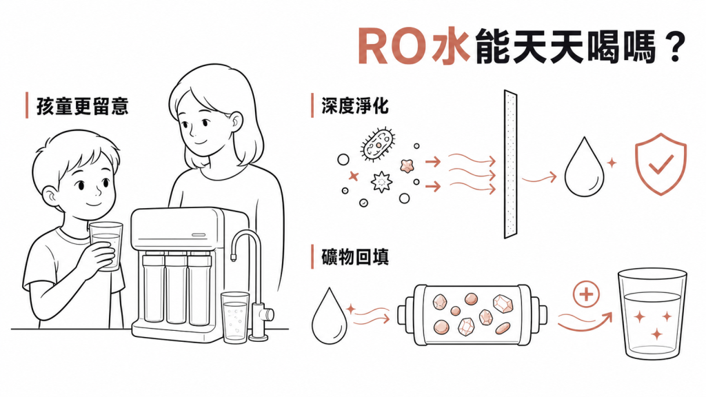逆滲透水淨化與礦物質回填示意圖:RO 濾除污染物後補回鈣鎂
