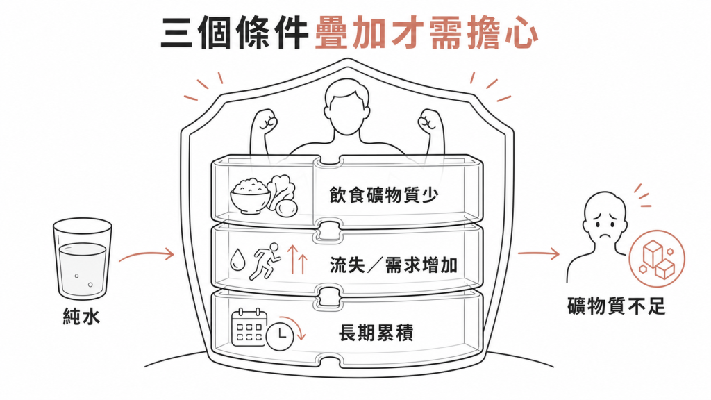 飲食礦物質少、流失或需求增加、長期累積三個條件疊加才會造成礦物質不足的示意圖