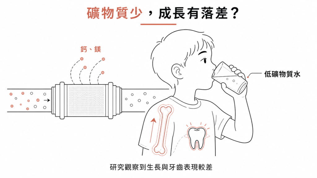 低礦物質飲用水與孩童生長、牙齒表現較差的研究觀察示意圖