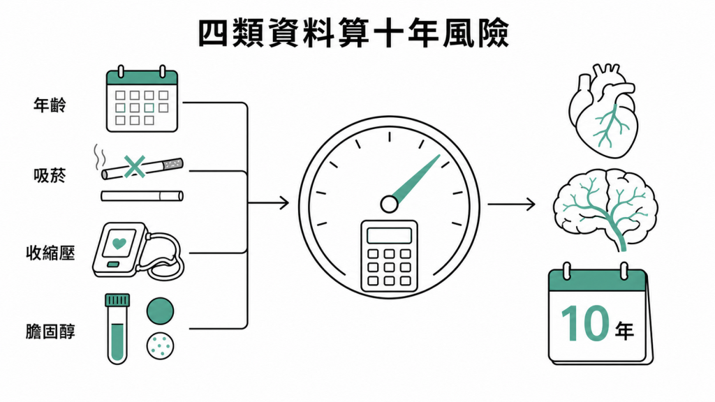 心血管風險評估輸入年齡、吸菸、收縮壓與膽固醇資料圖解