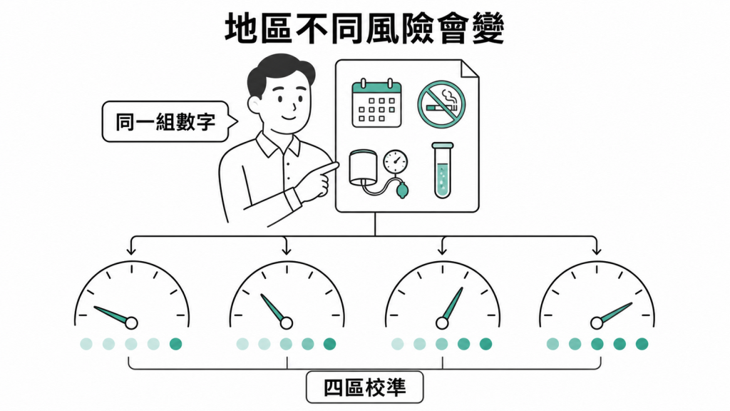 相同數值依四個亞太風險地區校準後預估結果可能不同