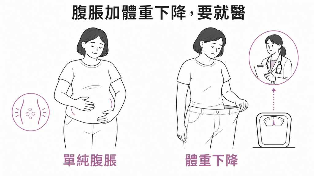 腹脹合併非刻意體重下降時需要就醫評估的圖解