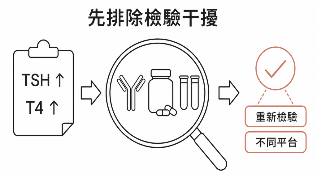 TSH 與 T4 同時偏高時先排除檢驗干擾並換平台複檢